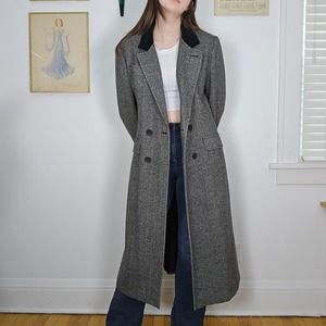 Vintage 80s 90s 100% Wool Double Breasted Herrringbone Long Coat Large